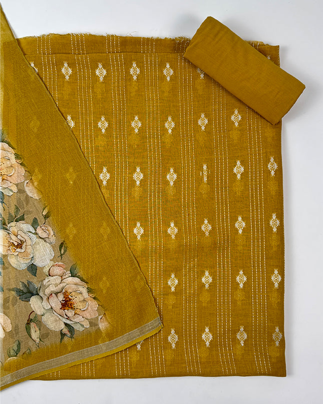 Amber Bloom Mustard Linen Suit Set with Hand Kantha Work