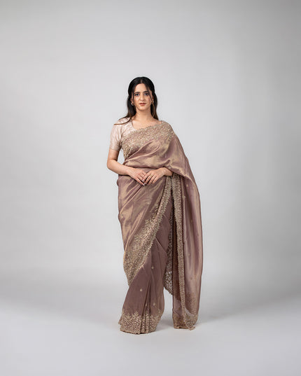 Dusty Mauve Tissue Saree with Pearl Dabka Work