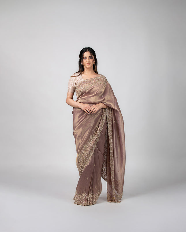 Dusty Mauve Tissue Saree with Pearl Dabka Work