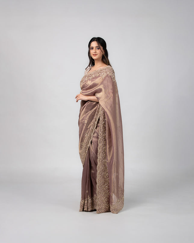 Dusty Mauve Tissue Saree with Pearl Dabka Work