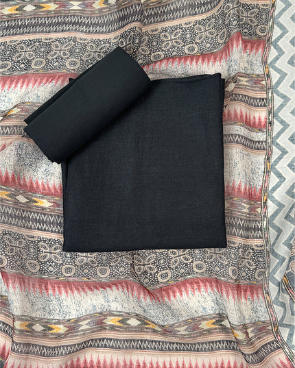 Soft Black Motif Suit Set in linen fabric