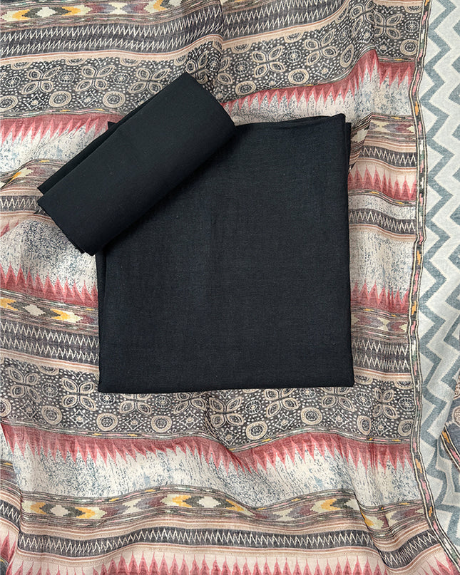 Soft Black Motif Suit Set in linen fabric
