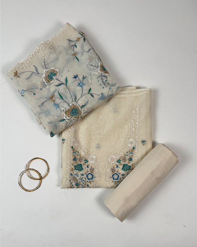 Coastal cream Suit set in malmal fabric with parsi work