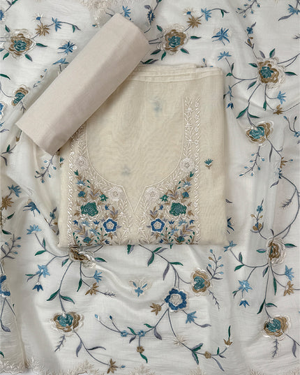 Coastal cream Suit set in malmal fabric with parsi work
