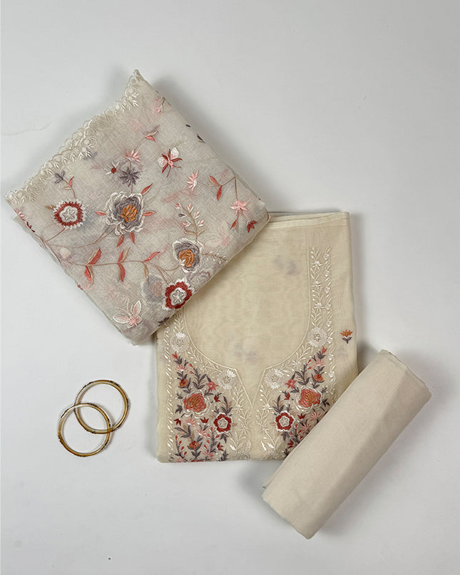 Cream Malmal Suit Set with Parsi Embroidery
