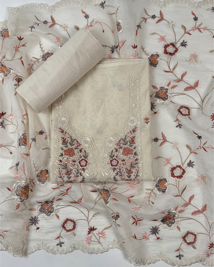Cream Malmal Suit Set with Parsi Embroidery