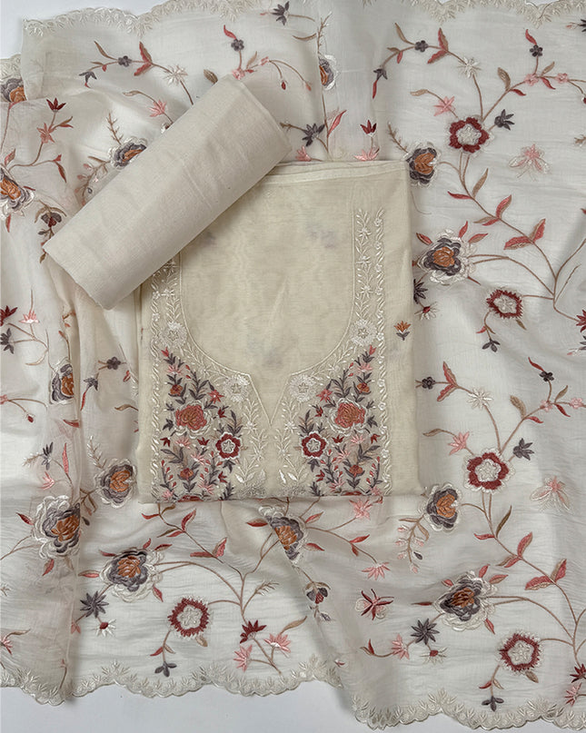 Cream Malmal Suit Set with Parsi Embroidery