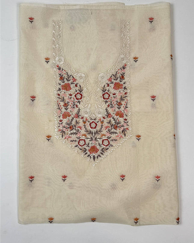 Cream Malmal Suit Set with Parsi Embroidery
