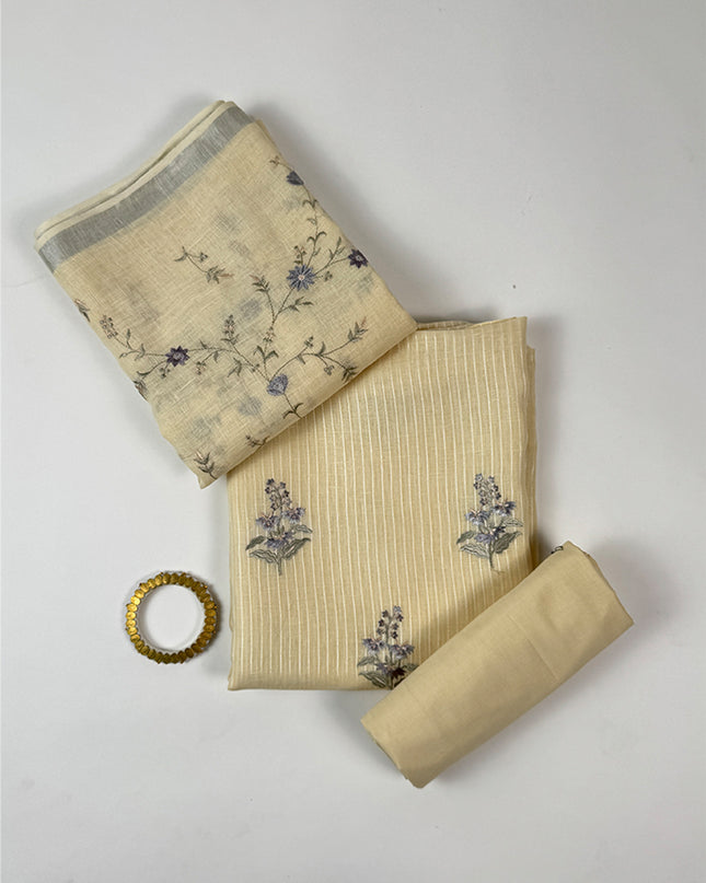 Ivory Cream Suit Set with Delicate Thread Work in linen fabric