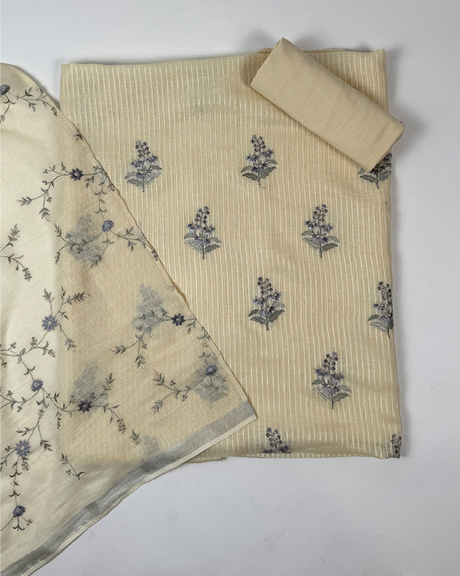 Ivory Cream Suit Set with Delicate Thread Work in linen fabric