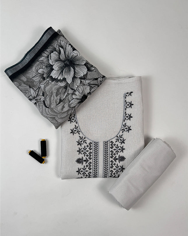Dark Bloom Elegance Suit in linen fabric with thread work