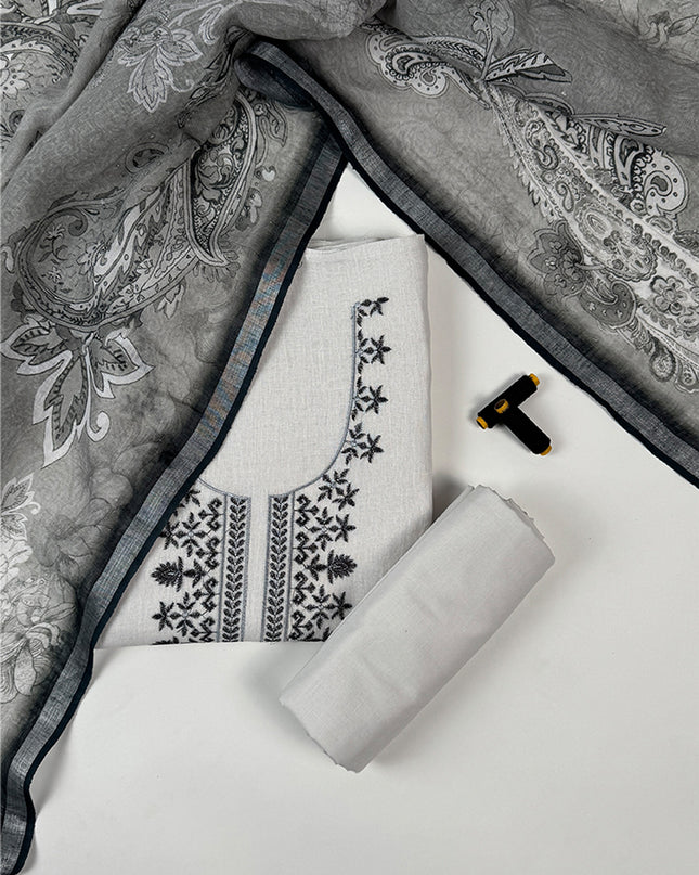 Dark Bloom Elegance Suit in linen fabric with thread work