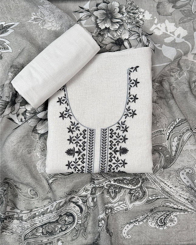 Dark Bloom Elegance Suit in linen fabric with thread work
