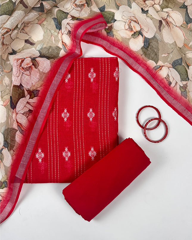 Crimson Bloom Red Linen Suit Set with Kantha Detailing