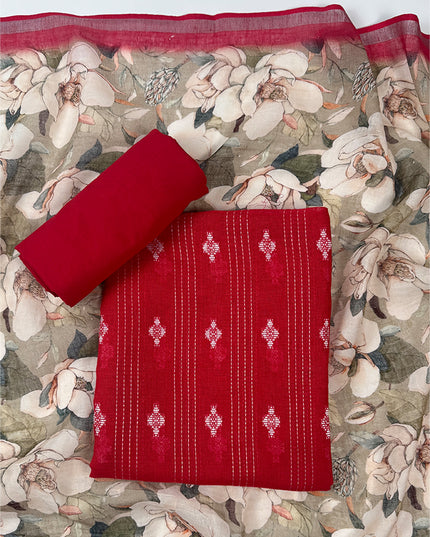 Crimson Bloom Red Linen Suit Set with Kantha Detailing