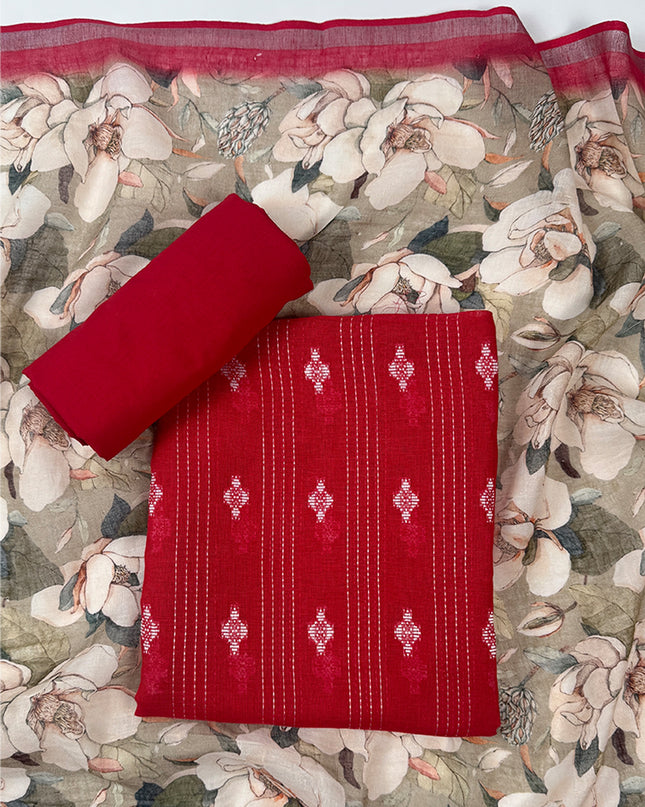 Crimson Bloom Red Linen Suit Set with Kantha Detailing