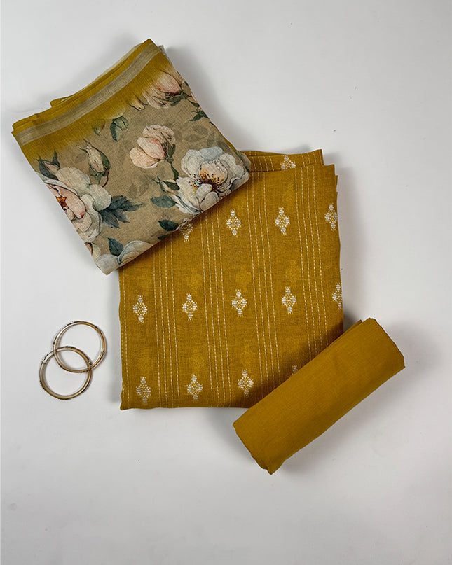 Amber Bloom Mustard Linen Suit Set with Hand Kantha Work