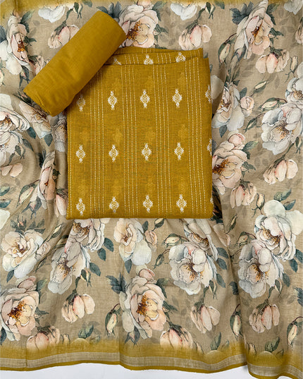 Amber Bloom Mustard Linen Suit Set with Hand Kantha Work