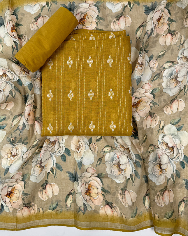 Amber Bloom Mustard Linen Suit Set with Hand Kantha Work