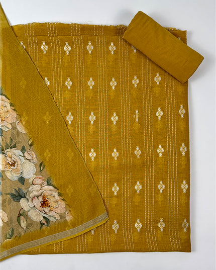 Amber Bloom Mustard Linen Suit Set with Hand Kantha Work