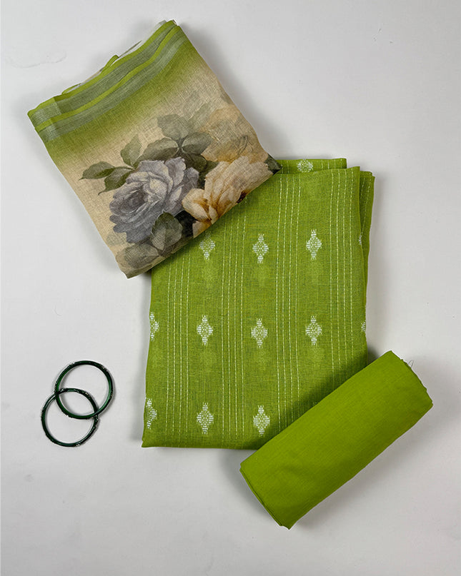 Hariyali Charm Linen Suit Set with Kantha Embroidery