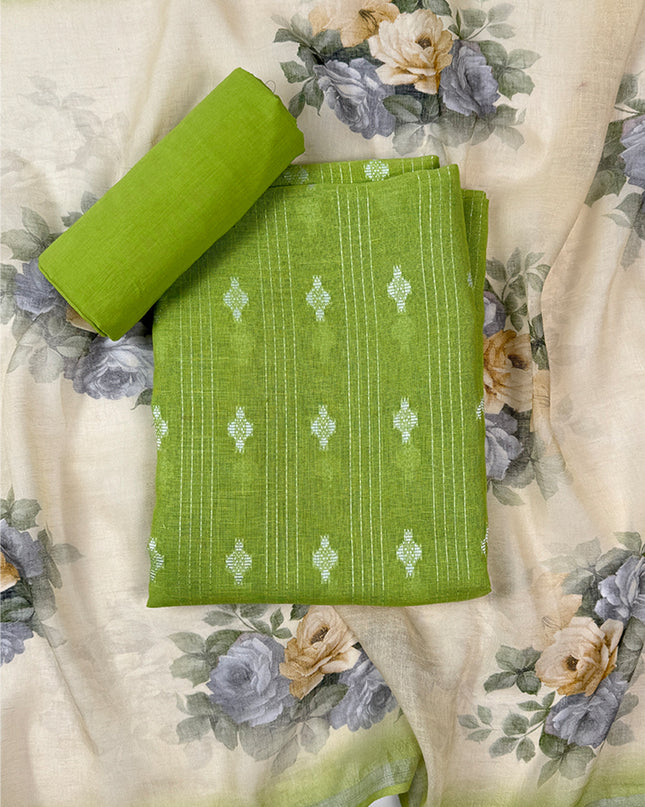 Hariyali Charm Linen Suit Set with Kantha Embroidery
