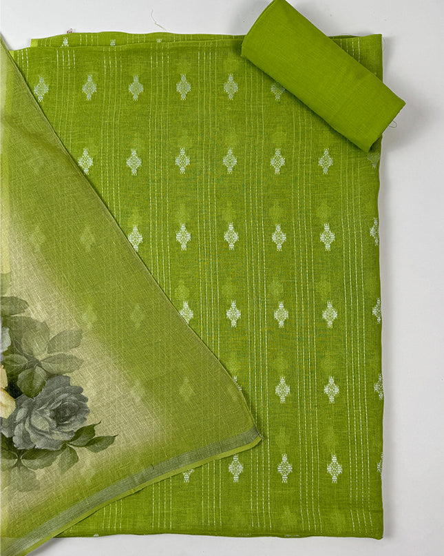 Hariyali Charm Linen Suit Set with Kantha Embroidery