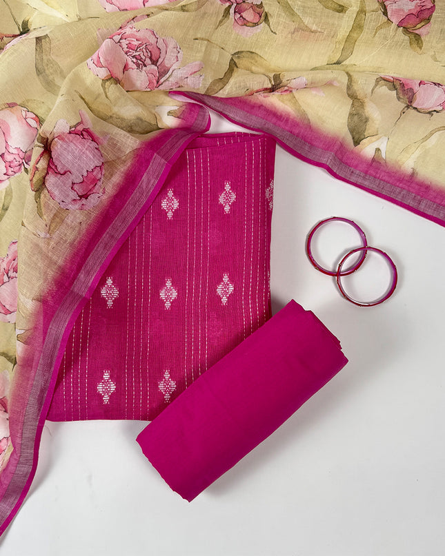Gulbahaar Magenta Linen Suit Set with Kantha Embroidery