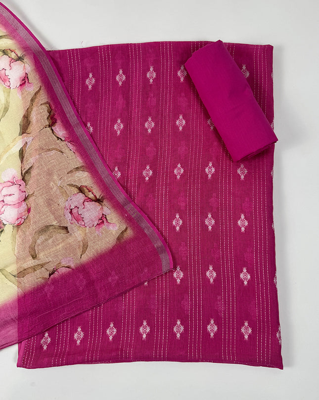 Gulbahaar Magenta Linen Suit Set with Kantha Embroidery