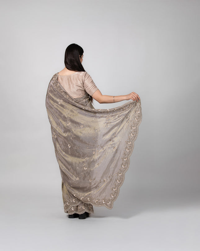 Ash Taupe Tissue Saree with Pearl Cutdana Work