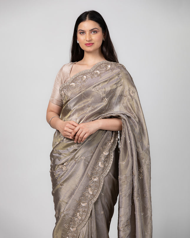 Ash Taupe Tissue Saree with Pearl Cutdana Work