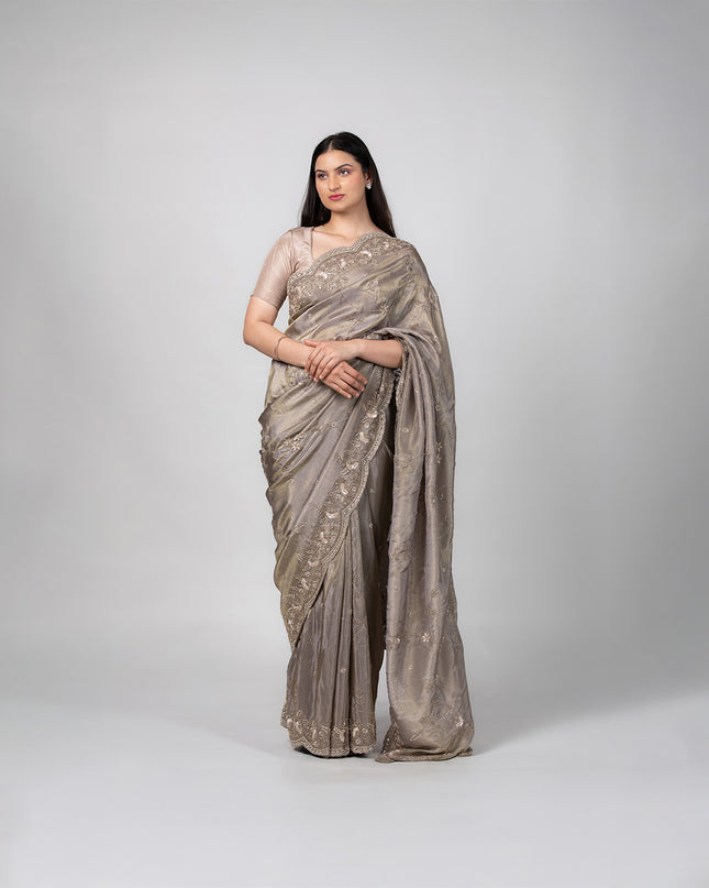 Ash Taupe Tissue Saree with Pearl Cutdana Work