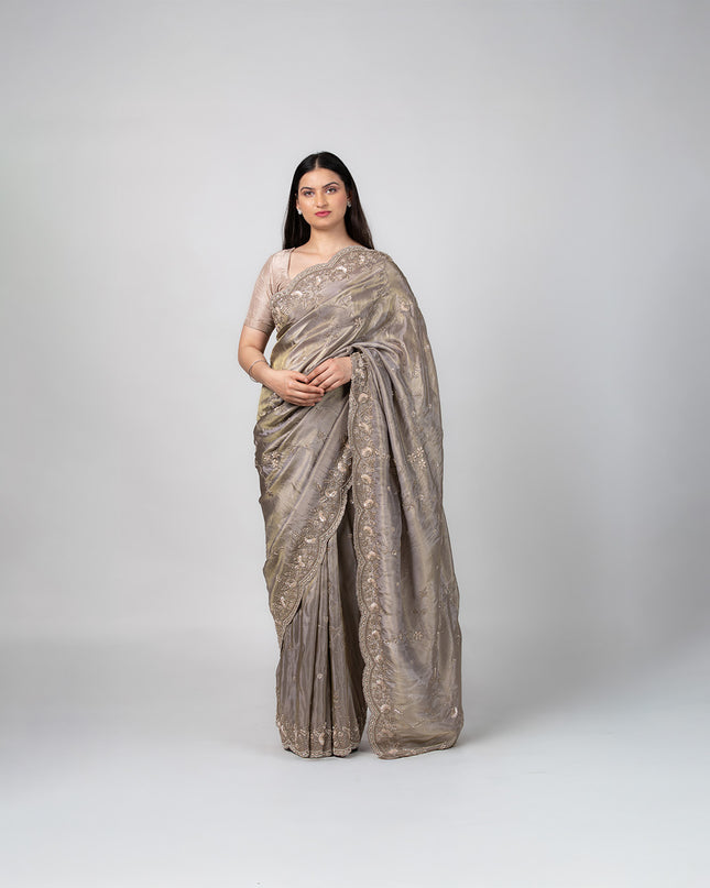 Ash Taupe Tissue Saree with Pearl Cutdana Work