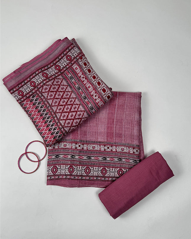 Blush Breeze suit set in linen fabric with print work in it