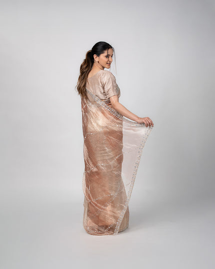 Champagne Glimmer Crush Tissue Saree