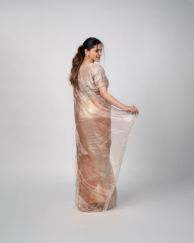 Champagne Glimmer Crush Tissue Saree