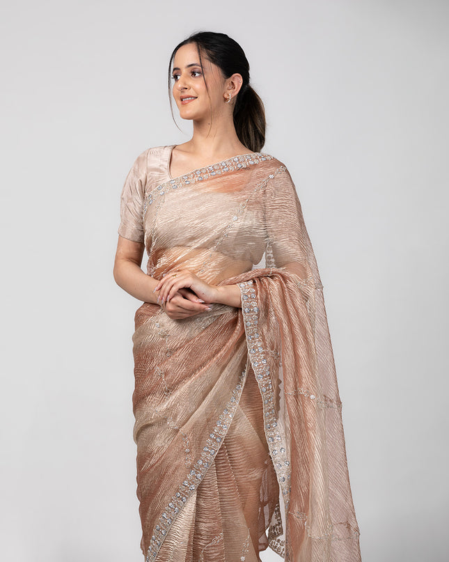 Champagne Glimmer Crush Tissue Saree