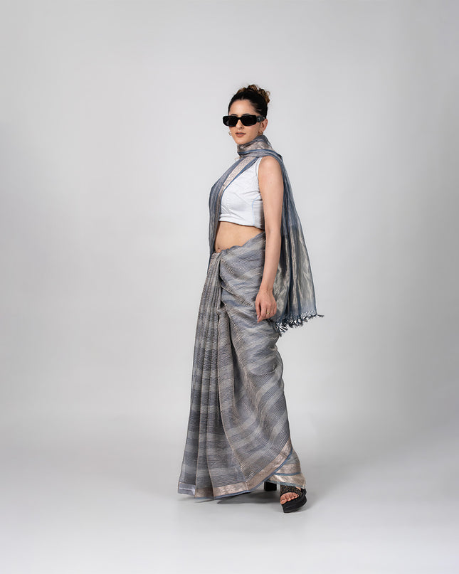Charcoal Gleam Crush Tissue Saree