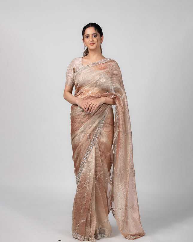 Champagne Glimmer Crush Tissue Saree