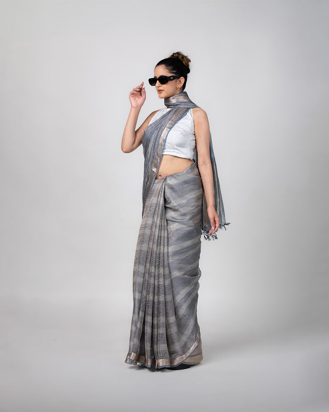 Charcoal Gleam Crush Tissue Saree