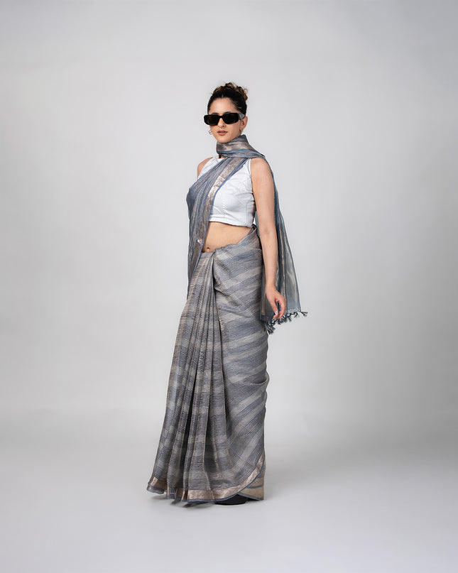Charcoal Gleam Crush Tissue Saree