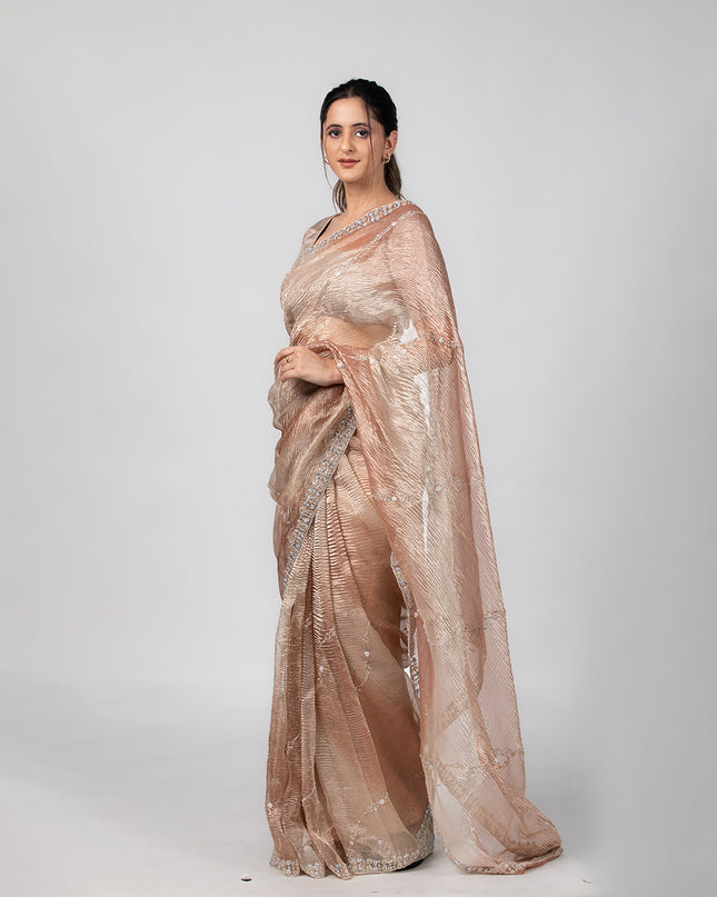 Champagne Glimmer Crush Tissue Saree