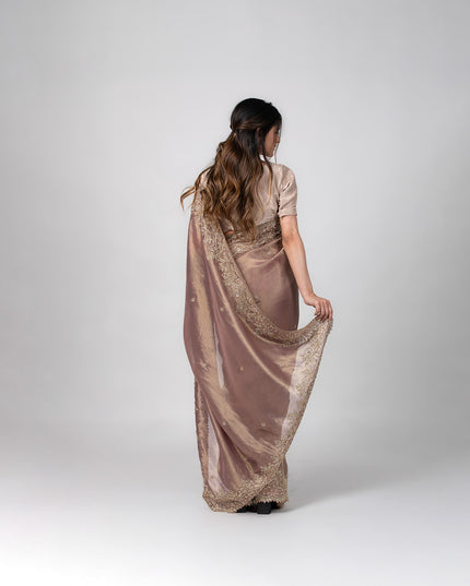 Dusty Mauve Tissue Saree with Pearl Dabka Work
