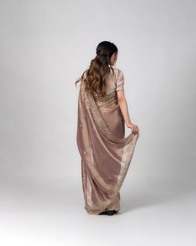 Dusty Mauve Tissue Saree with Pearl Dabka Work