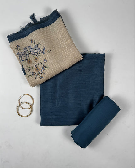 Indigo silk suit set with kantha work