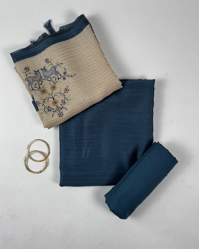 Indigo silk suit set with kantha work