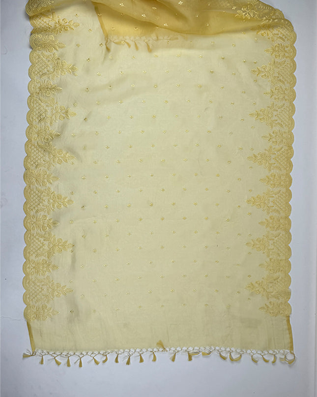 Marigold suit in tissue linen fabric with work thread
