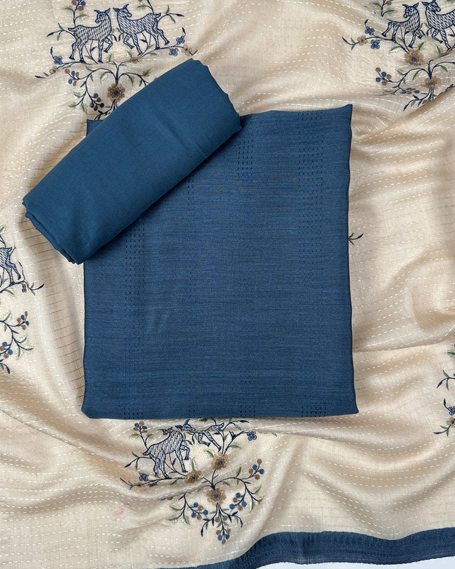 Indigo silk suit set with kantha work