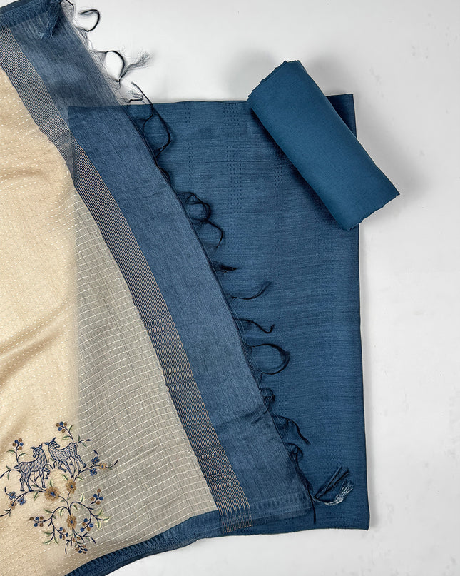 Indigo silk suit set with kantha work