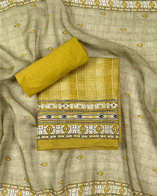 Lime leher Suit Set  with linen print work